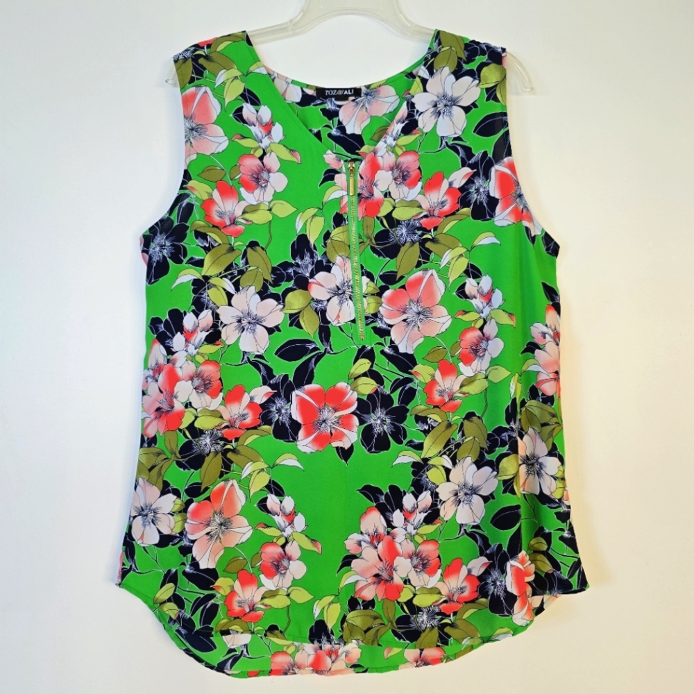 Roz & Ali XL Sleeveless Tunic Tank Blouse Zip Neck Green Coral Pink Navy Floral